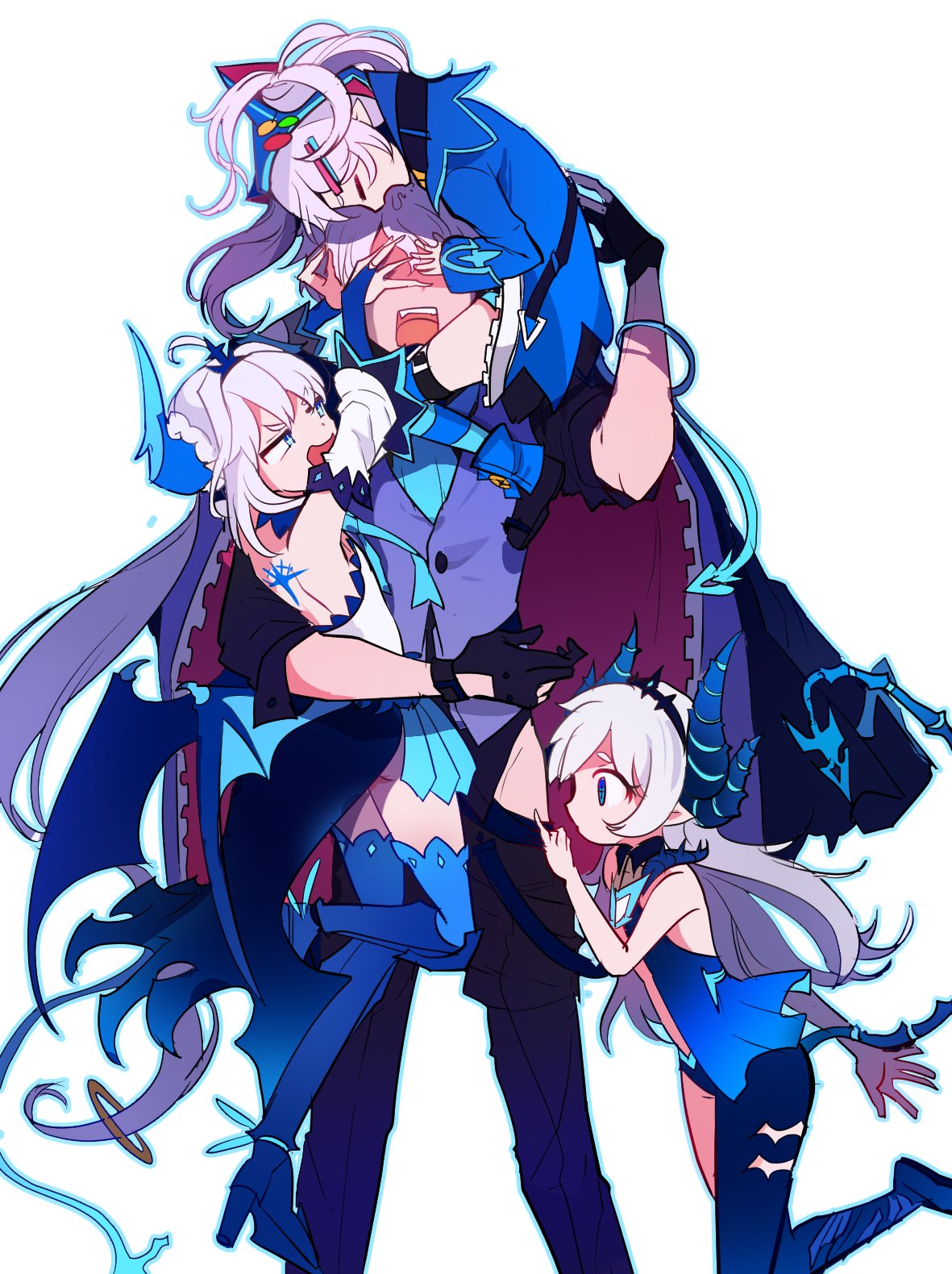 1boy 3girls ahoge angry blue_eyes braid chiliarch_(elsword) ciel_(elsword) closed_eyes demon_girl demon_tail demon_wings diabla_(elsword) dreadlord_(elsword) elsword gloves hair_ornament hairclip hands_on_another's_face highres hood horns hug long_hair luciela_r._sourcream mellchi multiple_girls multiple_persona noblesse_(elsword) pants_pull pins saliva symbol-shaped_pupils tail tattoo thigh-highs tiara twintails vest white_hair wings