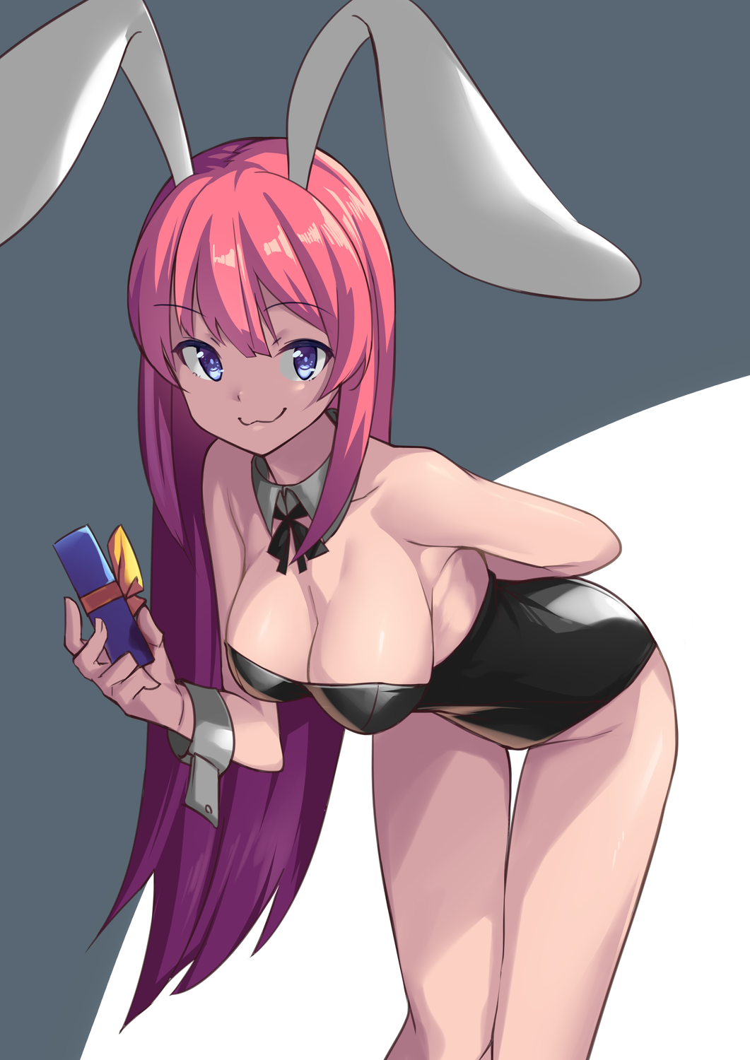 1girl :3 animal_ears bangs bare_shoulders bent_over black_leotard blue_eyes breasts bunnysuit cleavage closed_mouth detached_collar eyebrows_visible_through_hair gift highres holding holding_gift leotard long_hair looking_at_viewer medium_breasts original pink_hair rabbit_ears saiste sidelocks smile solo thighs wrist_cuffs