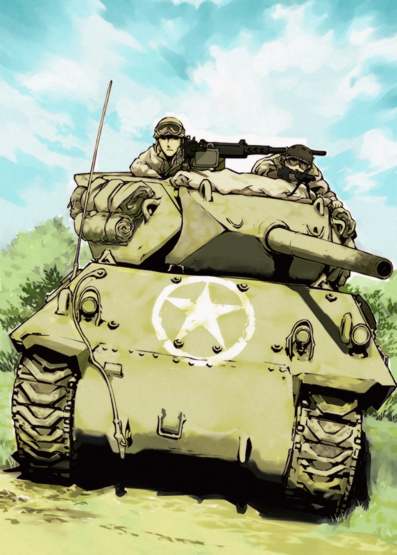 2boys clouds grass ground_vehicle gun m10_tank_destroyer machine_gun military military_vehicle motor_vehicle multiple_boys original sky star sumisi tank tank_destroyer tree weapon world_war_ii