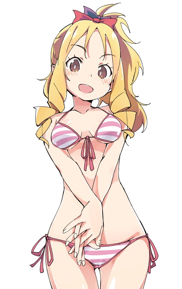 1girl bikini blonde_hair bow breasts brown_eyes cowboy_shot drill_hair eromanga_sensei gluteal_fold hands_clasped ixy looking_at_viewer open_mouth own_hands_together pink_bikini pink_bow ponytail ringlets side-tie_bikini simple_background small_breasts smile solo standing striped striped_bikini swimsuit thigh_gap twin_drills white_background yamada_elf