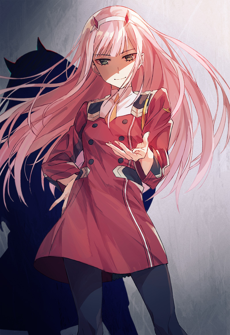1girl bangs black_legwear contrapposto darling_in_the_franxx dress green_eyes hairband hand_on_hip horns k-me long_hair looking_at_viewer orange_neckwear outstretched_arm pantyhose red_dress shadow smile solo straight_hair uniform very_long_hair white_hairband wind zero_two_(darling_in_the_franxx)