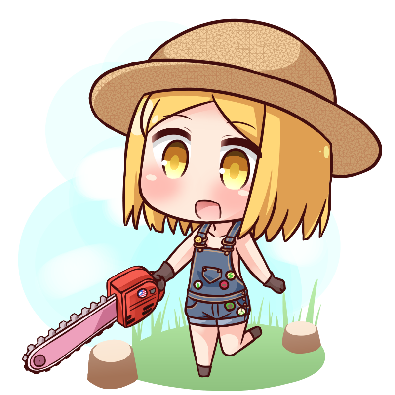 1girl :d bangs black_footwear black_gloves blonde_hair blue_sky blush brown_hat chainsaw chibi clouds collarbone commentary_request day eyebrows_visible_through_hair fate/grand_order fate_(series) gloves hana_kazari hat holding naked_overalls open_mouth outdoors overall_shorts overalls parted_bangs paul_bunyan_(fate/grand_order) sky smile solo standing standing_on_one_leg tree_stump white_background yellow_eyes