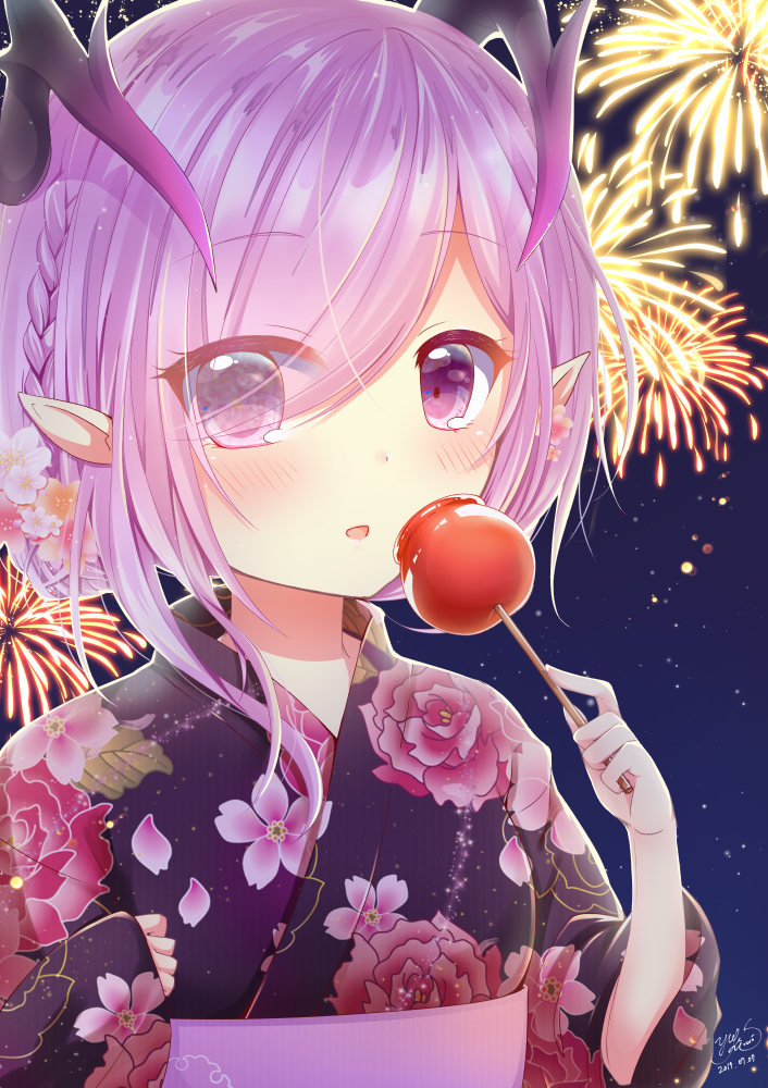 1girl :d aerial_fireworks bangs blush braid candy_apple commentary_request demon_horns eyebrows_visible_through_hair eyes_visible_through_hair fireworks floral_print flower food hair_flower hair_ornament hair_over_one_eye holding holding_food horns japanese_clothes kimono long_sleeves looking_at_viewer night night_sky obi open_mouth oskulolu pink_flower pink_hair pointy_ears print_kimono purple_kimono sash shironeko_project short_hair_with_long_locks sidelocks sky smile solo star_(sky) starry_sky violet_eyes white_flower wide_sleeves yukata yukiyuki_441