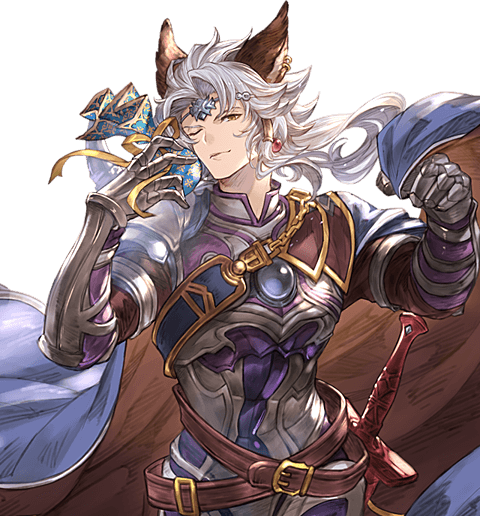 1boy ;o animal_ears armor belt blue_cape blue_hair cape erune gauntlets gift granblue_fantasy looking_at_viewer male_focus minaba_hideo official_art one_eye_closed seruel solo sword transparent_background upper_body weapon white_day yellow_eyes