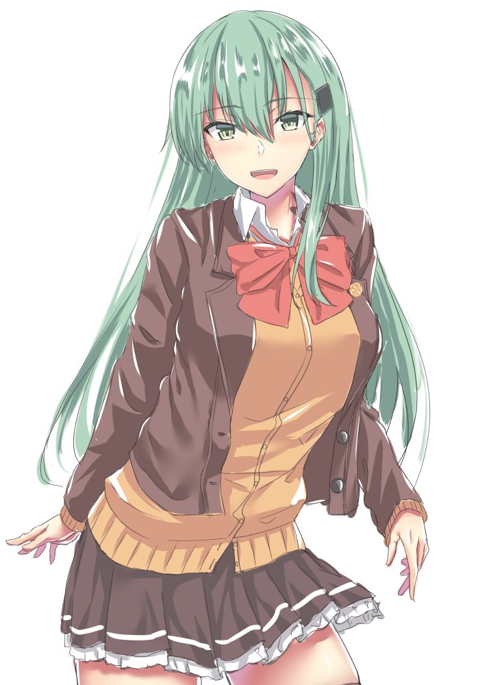 1girl aqua_hair bow bowtie breasts brown_blazer brown_jacket brown_legwear brown_skirt collared_shirt frilled_skirt frills green_eyes hair_ornament hairclip jacket kantai_collection large_breasts long_hair long_sleeves looking_at_viewer matsunaga_garana open_mouth pleated_skirt red_neckwear remodel_(kantai_collection) school_uniform shirt simple_background sketch skirt solo straight_hair suzuya_(kantai_collection) thigh-highs upper_body white_background white_shirt work_in_progress