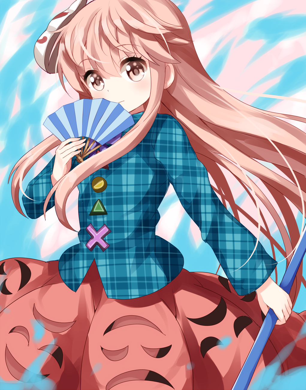 1girl aura blue_shirt blush commentary_request cowboy_shot eyebrows_visible_through_hair fan folding_fan hata_no_kokoro highres holding holding_fan long_hair long_sleeves looking_at_viewer mask pink_eyes pink_hair pink_skirt plaid plaid_shirt ruu_(tksymkw) shirt sidelocks skirt solo standing touhou