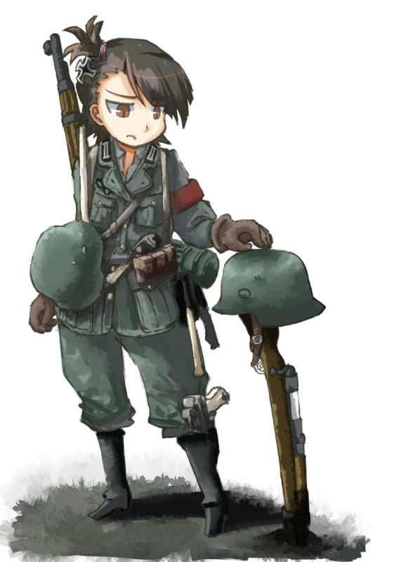 1girl armband brown_eyes brown_hair entrenching_tool full_body futami_ami gaditava gloves grave gun handgun headwear_removed helmet helmet_removed idolmaster luger_p08 military military_uniform rifle rifle_on_back short_hair side_ponytail solo stahlhelm uniform weapon