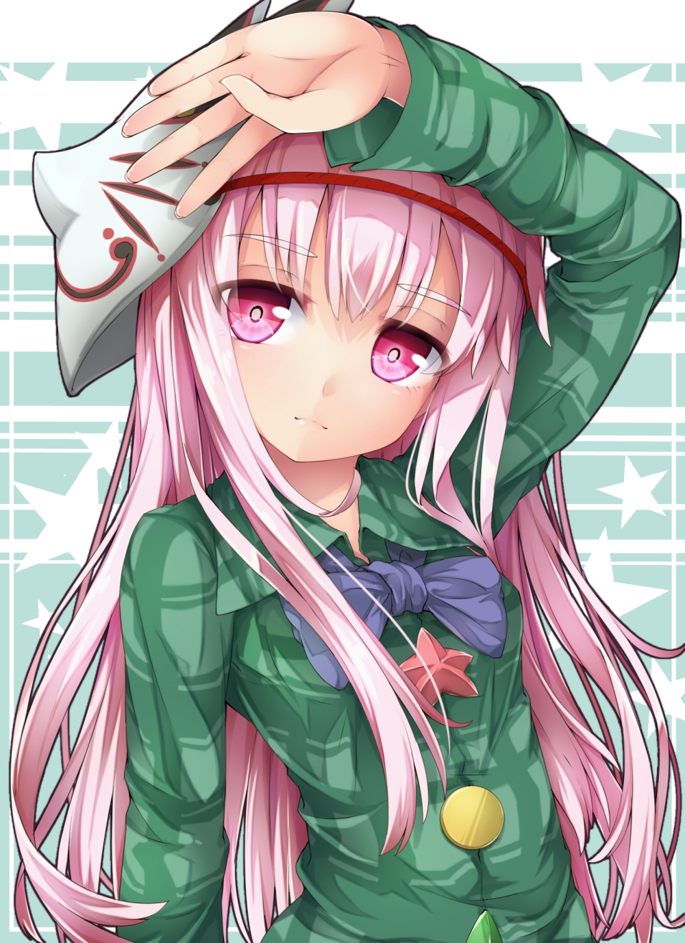 1girl arm_up bangs bow bowtie closed_mouth commentary_request expressionless eyebrows_visible_through_hair eyes_visible_through_hair fox_mask green_shirt hand_on_forehead hand_up hata_no_kokoro head_tilt highres large_buttons long_hair long_sleeves looking_to_the_side mask mask_on_head noh_mask pink_eyes pink_hair plaid plaid_shirt purple_neckwear shirt solo star touhou upper_body uumaru