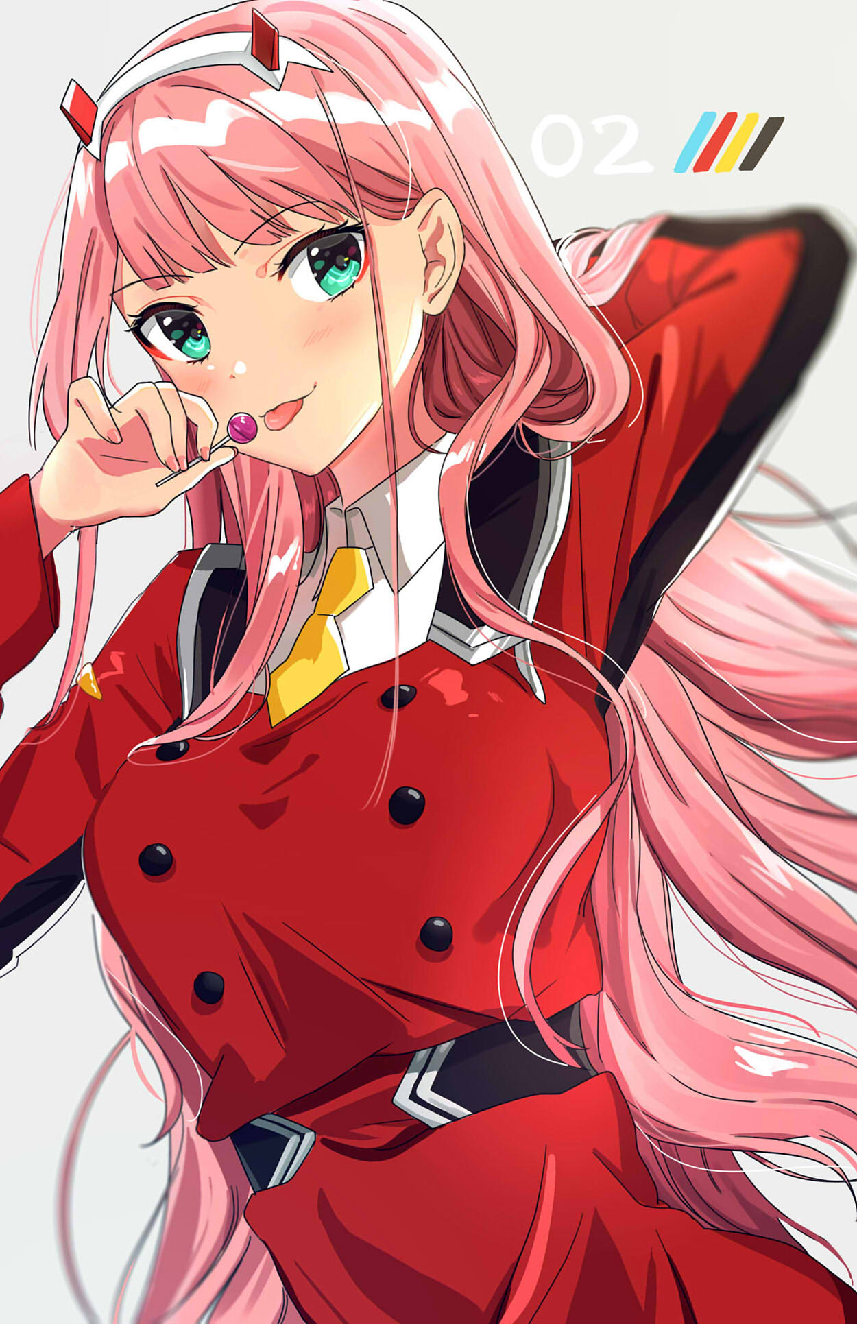 1girl :3 adjusting_hair arm_behind_head bangs blush candy darling_in_the_franxx eyebrows_visible_through_hair food green_eyes hairband highres horns lollipop long_hair pink_hair smile straight_hair tomato_omurice_melon tongue tongue_out uniform very_long_hair white_hairband yellow_neckwear zero_two_(darling_in_the_franxx)