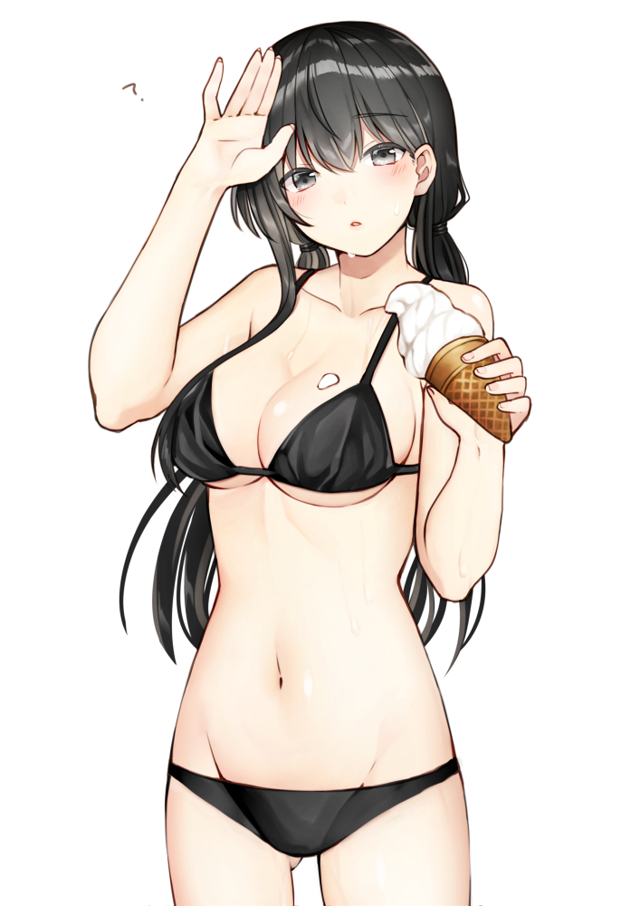 1girl bikini black_bikini black_eyes black_hair breasts cleavage commentary_request cowboy_shot food groin ice_cream kurata_rine long_hair looking_at_viewer low_twintails medium_breasts navel original simple_background solo standing swimsuit twintails white_background