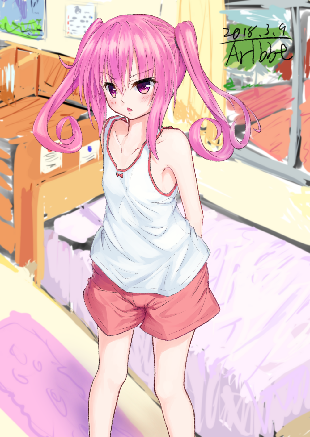1girl 2018 arms_behind_back curly_hair dated highres long_hair nana_asta_deviluke open_mouth pink_eyes pink_hair pink_shorts shorts signature sketch solo to_love-ru traveler_(artbbt) twintails vest white_vest