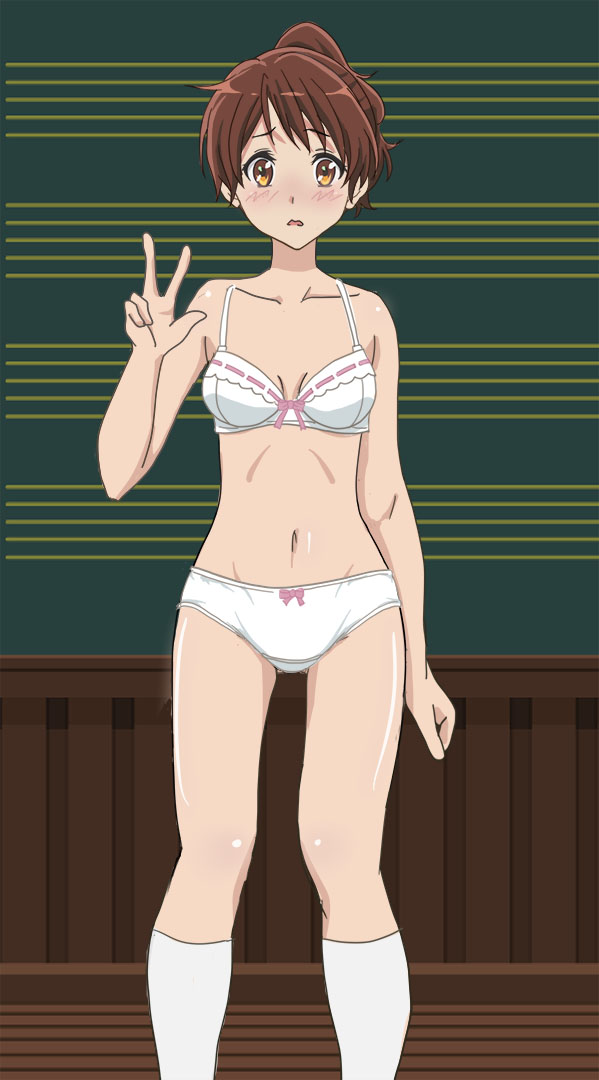 1girl asparagus_(echomirage) blush bow bow_bra bow_panties bra breasts brown_eyes brown_hair chalkboard collarbone crotch_seam embarrassed frown gluteal_fold hibike!_euphonium indoors kneehighs looking_at_viewer medium_breasts navel oumae_kumiko panties parted_lips short_ponytail solo standing underwear w white_bra white_legwear white_panties