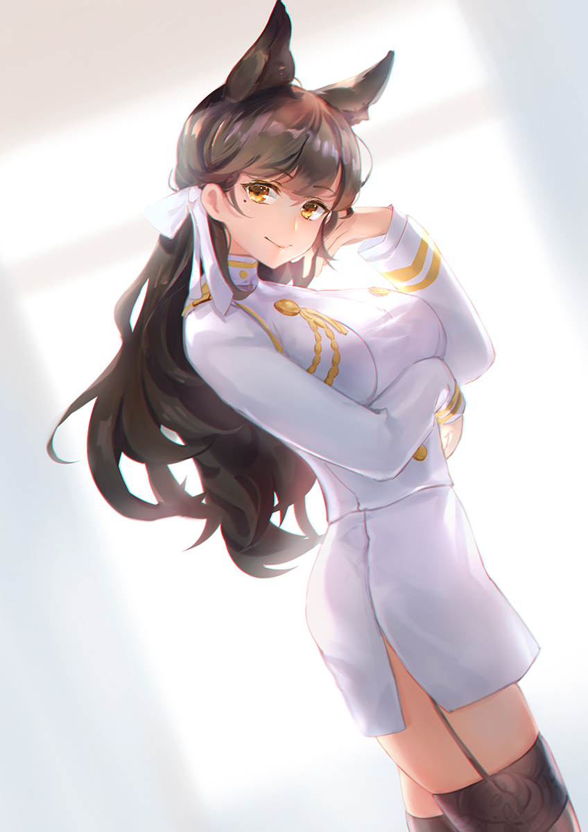 1girl animal_ears asanogawa_(tutufcc) atago_(azur_lane) azur_lane black_legwear breasts brown_eyes brown_hair closed_mouth commentary dutch_angle from_side garter_straps hair_ribbon hand_up head_tilt highres jacket large_breasts long_hair long_sleeves looking_at_viewer looking_to_the_side military_jacket mole mole_under_eye pencil_skirt ribbon skirt smile solo thigh-highs very_long_hair white_jacket white_ribbon white_skirt