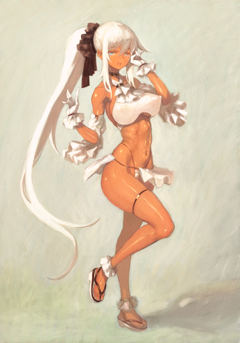 1girl :d bare_shoulders blue_eyes breasts dark_skin detached_sleeves erect_nipples gloves highres long_hair navel open_mouth original sandals smile solo surutsu very_long_hair white_gloves white_hair