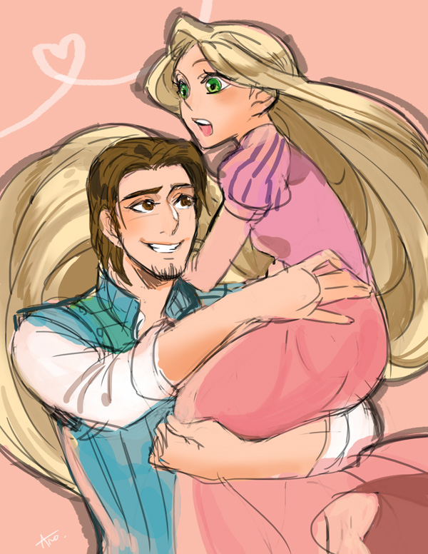 1boy 1girl :o absurdly_long_hair ano_(sbee) artist_name blonde_hair carrying couple disney dress eyebrows_visible_through_hair eyelashes flynn_rider green_eyes heart hetero long_hair long_sleeves looking_at_another looking_away open_mouth pink_background pink_dress rapunzel_(disney) shirt simple_background very_long_hair waistcoat white_shirt