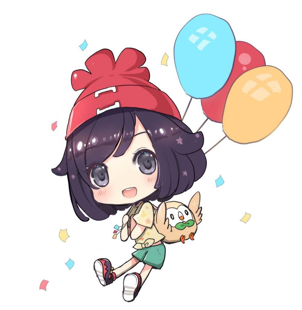 1girl :d backpack bag balloon beanie black_eyes black_footwear black_hair blush brown_shirt chibi commentary_request confetti green_shorts hat holding looking_at_viewer maodouzi mizuki_(pokemon_sm) open_mouth pokemon pokemon_(game) pokemon_sm red_hat rowlet shirt shoes short_shorts short_sleeves shorts simple_background smile solo upper_teeth white_background