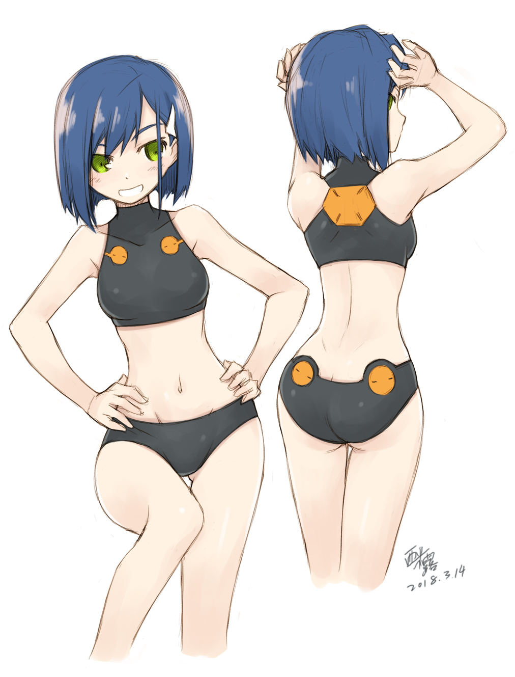 1girl ass bangs bikini blue_hair butt_crack darling_in_the_franxx dimples_of_venus from_behind green_eyes grin hair_ornament hairclip hands_on_hips highres ichigo_(darling_in_the_franxx) looking_at_viewer looking_back multiple_views navel short_hair simelu smile swimsuit white_background white_bikini