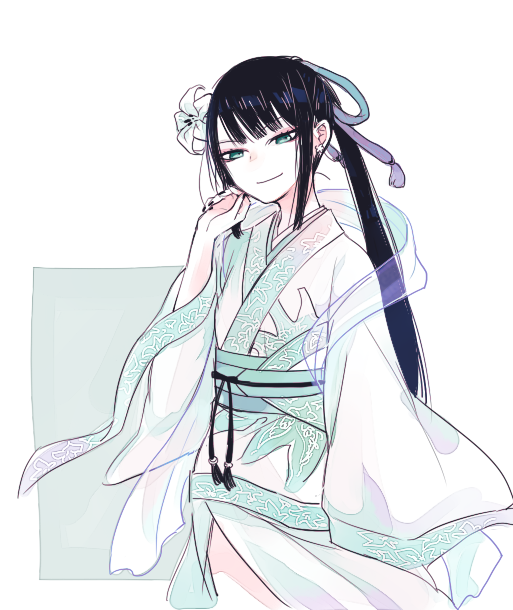 1girl black_hair black_nails chinese_clothes earrings fate/grand_order fate_(series) flower hair_flower hair_ornament hanfu jewelry jing_ke_(fate/grand_order) kanitama_(putyourhead) long_hair long_sleeves looking_at_viewer nail_polish ponytail smile solo white_flower wide_sleeves