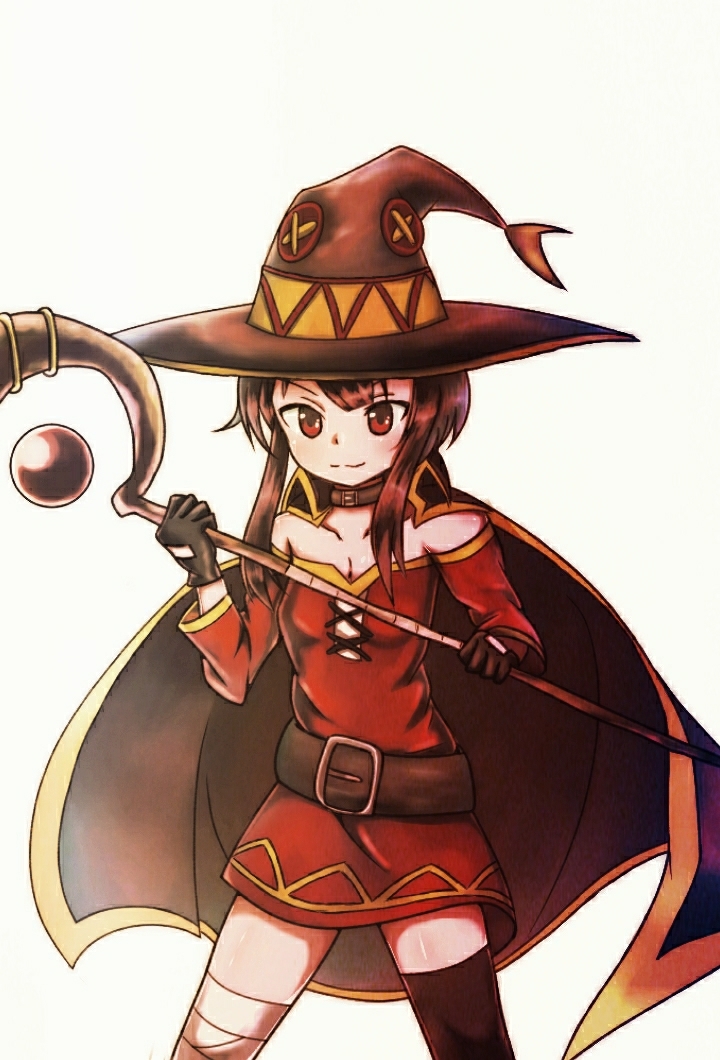 1girl bandage bandaged_leg belt black_belt black_gloves cape collar dress fingerless_gloves gloves hat holding holding_staff kono_subarashii_sekai_ni_shukufuku_wo! megumin mismatched_legwear red_dress red_eyes short_hair_with_long_locks single_thighhigh staff thigh-highs traditional_media witch_hat