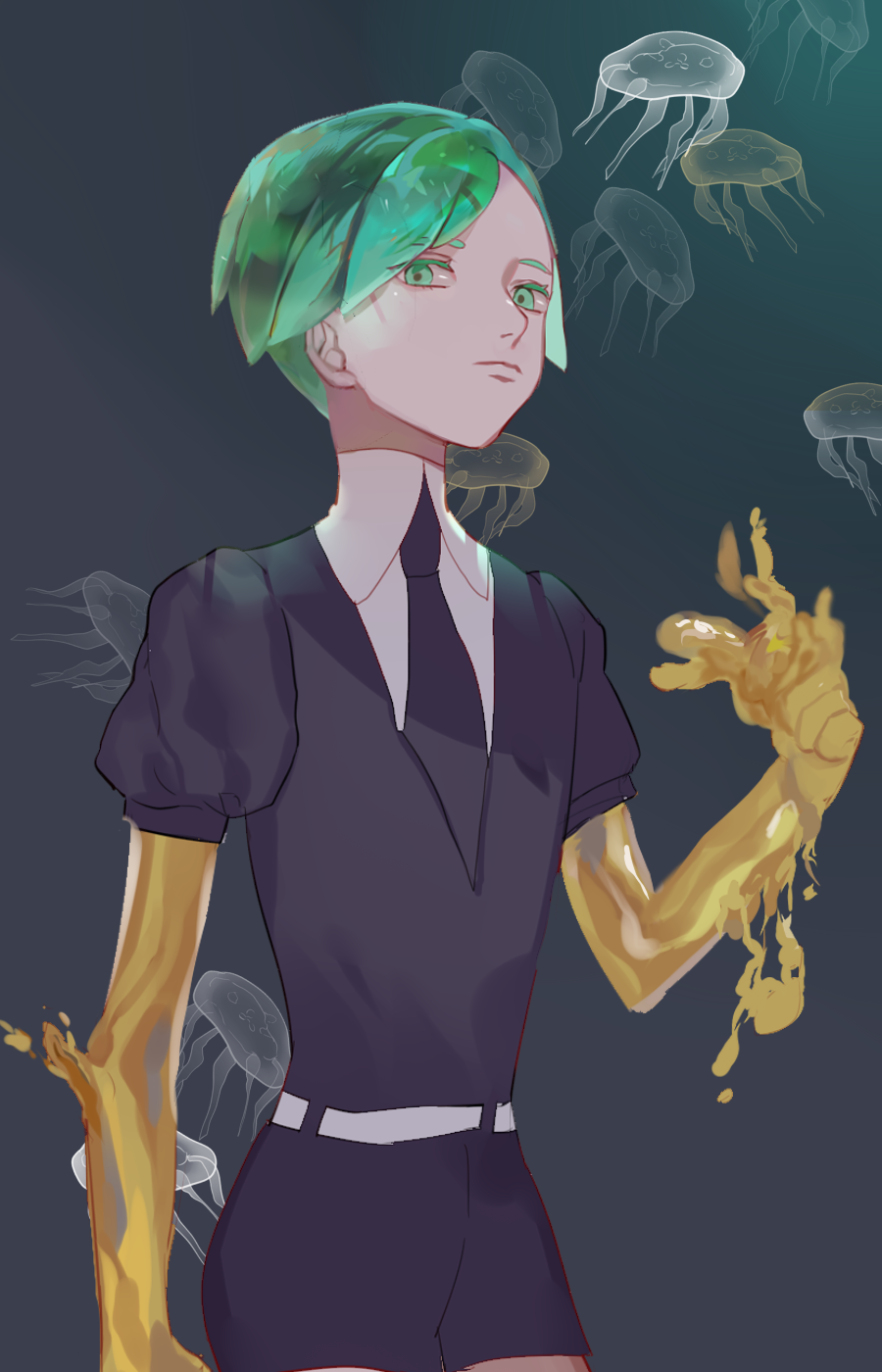 androgynous gem_uniform_(houseki_no_kuni) golden_arms green_eyes green_hair highres houseki_no_kuni jellyfish looking_at_viewer necktie phosphophyllite short_hair solo