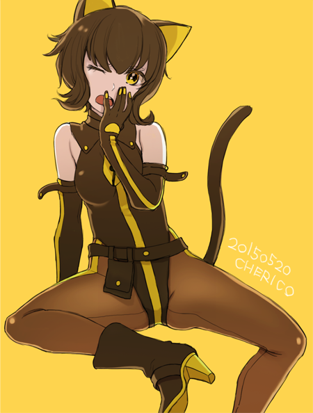 1girl animal_ears bare_shoulders black_gloves black_hair cat_ears cat_tail cherico dated elbow_gloves gloves hand_to_own_mouth nein_(album) one_eye_closed open_mouth rohre short_hair solo sound_horizon tail yellow_eyes