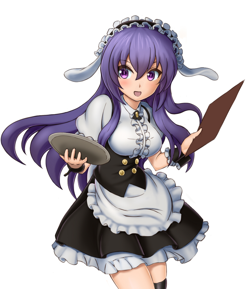 1girl :d animal_ears apron bangs black_hairband black_legwear black_skirt blush center_frills commentary_request eyebrows_visible_through_hair floppy_ears frilled_apron frilled_hairband frills gochuumon_wa_usagi_desu_ka? hair_between_eyes hairband holding holding_tray looking_away looking_to_the_side open_mouth puffy_short_sleeves puffy_sleeves purple_hair rabbit_ears shirt short_sleeves simple_background skirt smile solo taka_(takahirokun) tedeza_rize thigh-highs tray underbust violet_eyes waist_apron white_apron white_background white_shirt wrist_cuffs