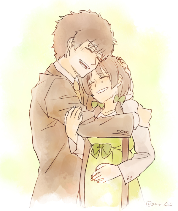 1boy 1girl amano_(amn_0w0) black_hair blush bow brown_hair closed_eyes couple crying dress formal green_bow green_dress hair_bow hand_on_another's_head hand_on_another's_shoulder hand_on_own_stomach happy long_hair long_sleeves low_twintails necktie nein_(album) shokumotsu-ko shokumotsu-ko's_husband sound_horizon suit twintails