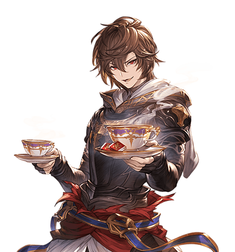 1boy armor brown_hair coffee coffee_cup granblue_fantasy looking_at_viewer male_focus minaba_hideo official_art open_mouth presenting red_eyes sandalphon_(granblue_fantasy) saucer smile solo steam transparent_background upper_body white_day