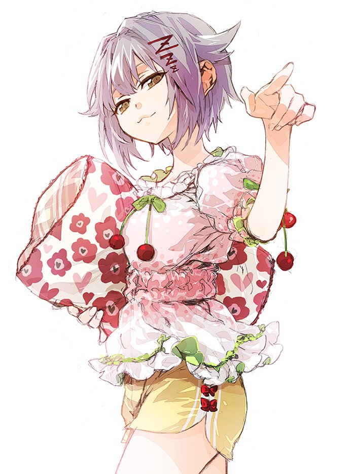 1girl brown_eyes hair_intakes hair_ornament hairclip idolmaster idolmaster_cinderella_girls koshimizu_sachiko lavender_hair pillow pointing short_hair shorts solo white_background yukot