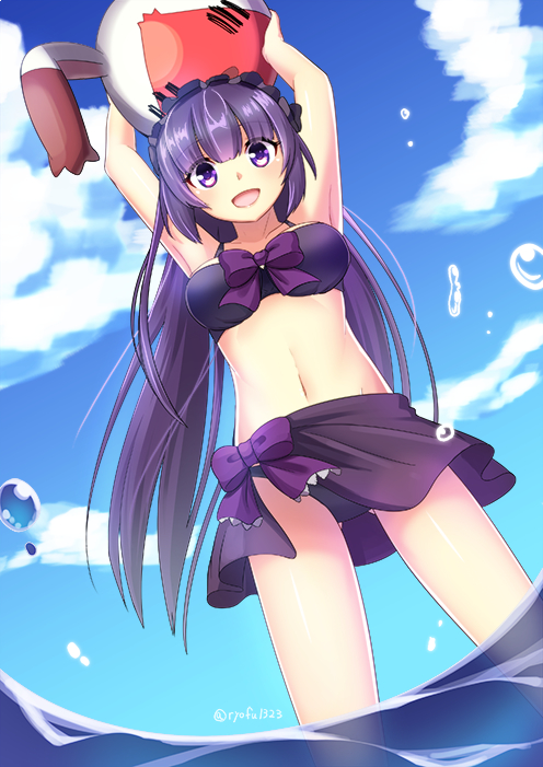 1girl bangs beach bikini black_bikini blunt_bangs bow breasts headdress long_hair looking_at_viewer marie_marie purple_bow purple_hair ryofuhiko sarong smile solo sound_horizon swimsuit vanishing_starlight violet_eyes