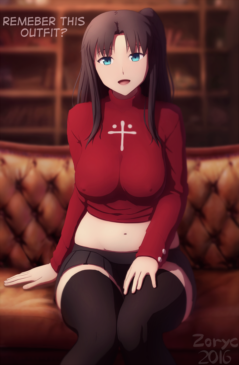 1girl belly_button black_hair black_legwear blue_eyes breasts commentary erect_nipples fate/stay_night fate_(series) highres large_breasts looking_at_viewer microskirt midriff navel open_mouth skirt smile solo thigh-highs thighs tohsaka_rin zettai_ryouiki zoryc