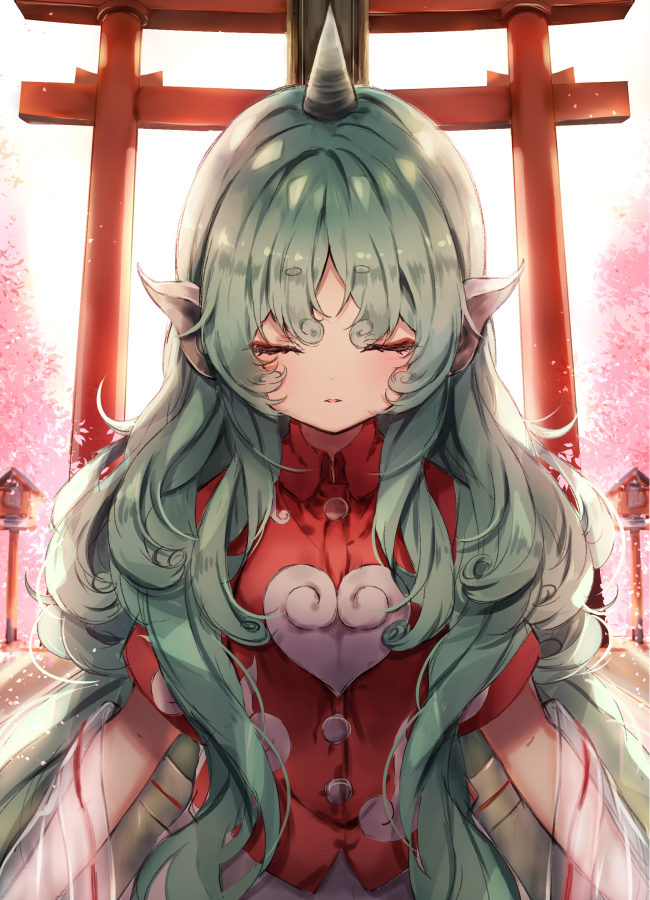 1girl animal_ears bangs buttons closed_eyes commentary_request curly_hair eyebrows_visible_through_hair facing_viewer green_hair horn kariyushi_shirt komano_aun long_hair outdoors piyokichi red_shirt revision see-through shiny shiny_hair shirt short_sleeves solo spring_(season) torii touhou upper_body very_long_hair