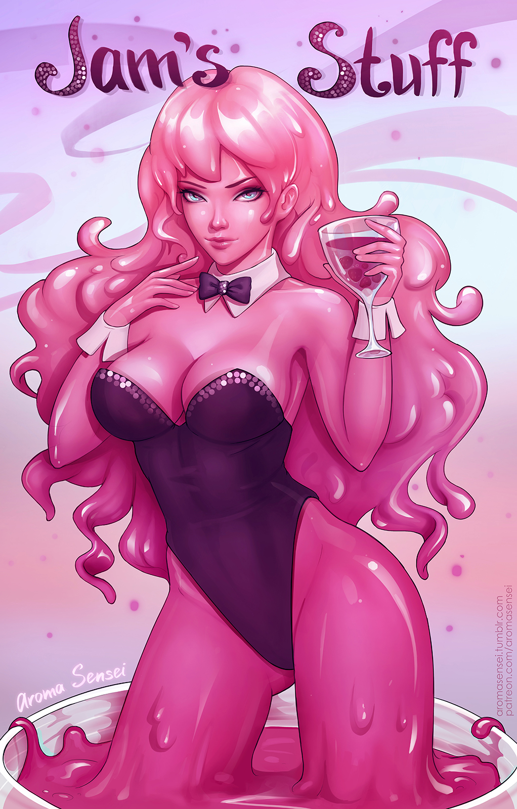 1girl aroma_sensei artist_name black_leotard blue_eyes borrowed_character bow bowtie breasts cleavage contrapposto cup detached_collar drink drinking_glass gluteal_fold goo_girl highleg highleg_leotard highres large_breasts leotard light_smile long_hair looking_at_viewer monster_girl original pink_hair pink_skin slime solo strapless strapless_leotard very_long_hair wrist_cuffs