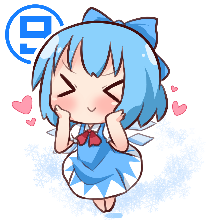 &gt;_&lt; (9) 1girl bangs blue_bow blue_dress blue_hair blush bow chibi cirno closed_eyes closed_mouth collared_shirt commentary_request dress eyebrows_visible_through_hair facing_viewer full_body hair_bow hana_kazari hands_on_own_cheeks hands_on_own_face heart ice ice_wings puffy_short_sleeves puffy_sleeves red_neckwear shirt short_hair short_sleeves sleeveless sleeveless_dress smile solo touhou white_shirt wings