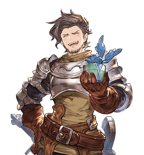1boy breastplate brown_gloves brown_hair gloves granblue_fantasy green_shirt hand_on_hip incoming_gift male_focus minaba_hideo official_art open_mouth rackam_(granblue_fantasy) shirt smile solo transparent_background upper_body white_day