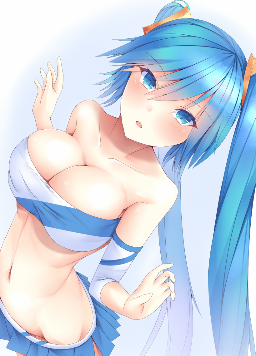 1girl aqua_eyes aqua_hair arms_up blonde_hair blush breasts cheerleader cleavage collarbone dutch_angle hips kiseno large_breasts league_of_legends long_hair looking_at_viewer midriff navel open_mouth out_of_frame skirt sona_buvelle stomach tied_hair twintails