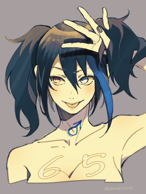 1boy black_hair genderswap genderswap_(ftm) hand_in_hair heterochromia mars_symbol multicolored_hair streaked_hair tongue tongue_out twintails upper_body utau yamako_(state_of_children) yokune_ruko