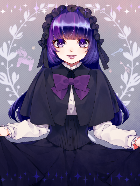 1girl black_capelet black_ribbon black_skirt blue_hair bow capelet corset gothic_lolita headdress light_smile lips lolita_fashion long_hair long_sleeves looking_at_viewer marie_marie multicolored_hair purple_bow purple_hair ribbon shizutani skirt skirt_hold smile sound_horizon vanishing_starlight violet_eyes