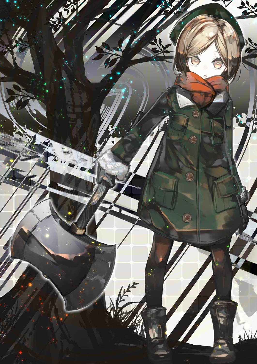1girl :o arm_at_side axe bangs black_footwear black_gloves blonde_hair boots bright_pupils brown_legwear buttons coat eyebrows eyebrows_visible_through_hair fate/grand_order fate_(series) full_body fur_trim gloves green_coat green_hat hat highres holding holding_axe kusakanmuri leaf legs_apart long_sleeves open_mouth pantyhose parted_bangs paul_bunyan_(fate/grand_order) pocket red_scarf scarf short_hair solo standing tree white_pupils yellow_eyes