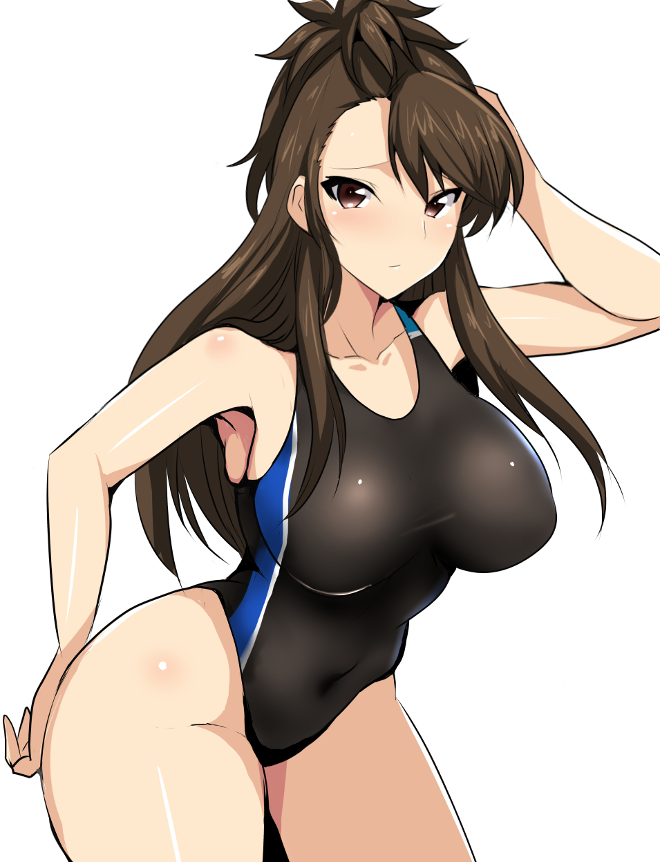 1girl amaretto_(girls_und_panzer) arm_behind_back arm_behind_head asymmetrical_bangs bangs bare_shoulders black_swimsuit breasts brown_eyes brown_hair closed_mouth competition_swimsuit covered_navel cowboy_shot curvy female girls_und_panzer highres koujun_(mugenzero) large_breasts leaning_forward light_frown long_hair looking_at_viewer one-piece_swimsuit shiny shiny_skin simple_background smile solo standing swimsuit white_background wide_hips