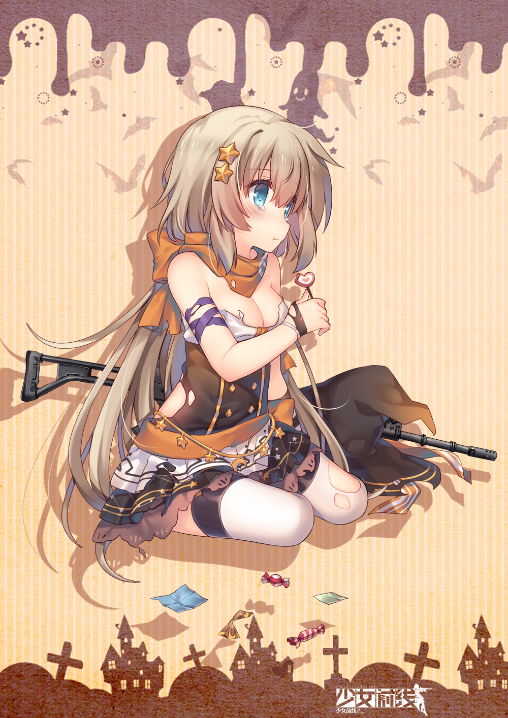 1girl :t assault_rifle bangs bare_shoulders black_hat black_shirt black_skirt blue_eyes blush bow brown_bow candy closed_mouth eating eyebrows_visible_through_hair fn_fnc fn_fnc_(girls_frontline) food girls_frontline gun hair_between_eyes hair_ornament hat hat_removed headwear_removed heart highres holding holding_lollipop jiang-ge light_brown_hair lollipop long_hair looking_away official_art pleated_skirt rifle shirt sitting skirt solo star star_hair_ornament strapless striped tears thigh-highs torn_clothes torn_hat torn_thighhighs vertical-striped_background vertical_stripes very_long_hair weapon white_legwear witch_hat