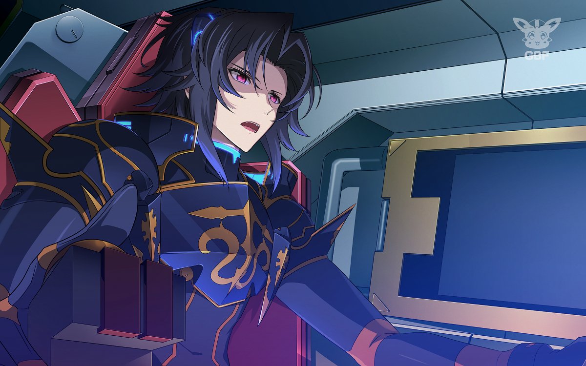 1boy anime_coloring black_hair cockpit code_geass fake_screenshot granblue_fantasy lancelot_(granblue_fantasy) logo male_focus neon_trim parody pilot_suit solo upper_body violet_eyes