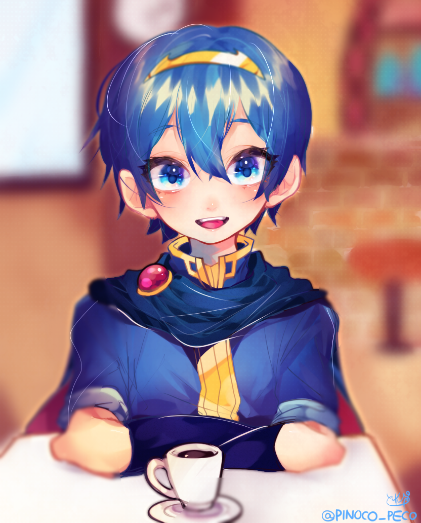 1boy blue_eyes blue_hair desk fire_emblem fire_emblem:_mystery_of_the_emblem looking_at_viewer male_focus marth repikinoko short_hair smile solo super_smash_bros. tiara