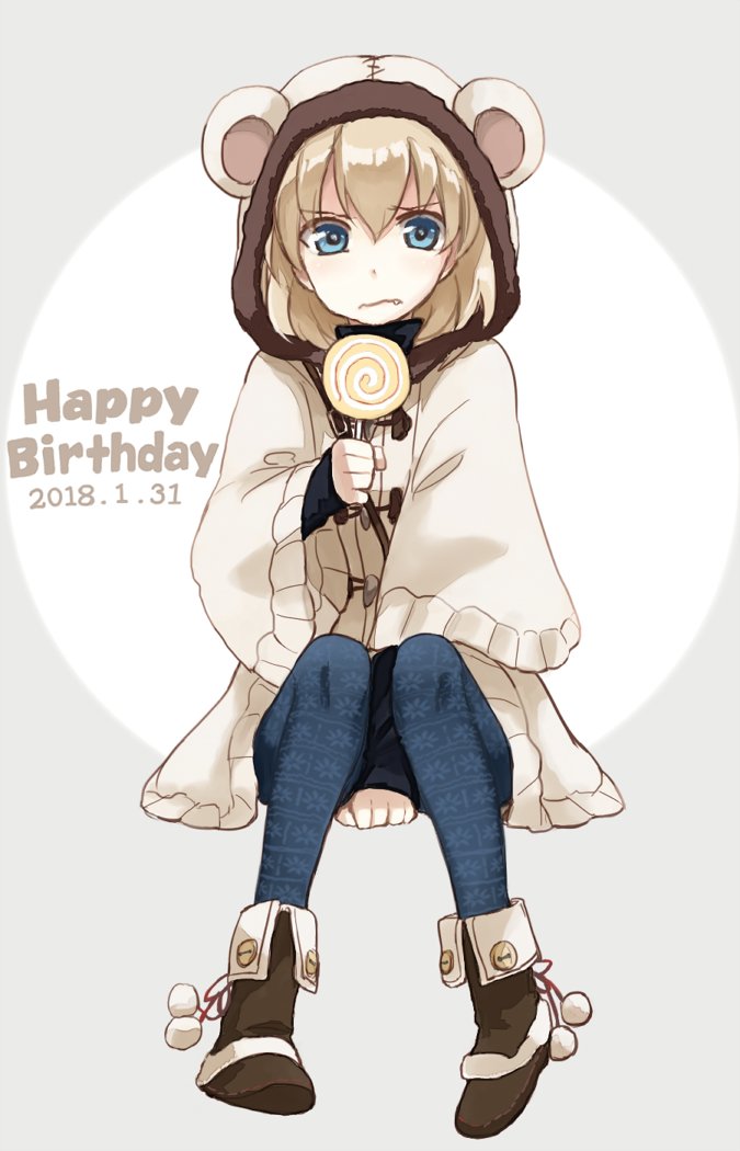 1girl animal_hood annoyed arm_support bangs black_footwear blonde_hair blue_eyes blue_pants boots candy casual closed_mouth commentary dated english eyebrows_visible_through_hair fang food frown full_body girls_und_panzer happy_birthday holding holding_food hood hooded_coat invisible_chair katyusha leather leather_boots lollipop looking_at_viewer pants short_hair sitting solo white_coat wide_sleeves yuuyu_(777)