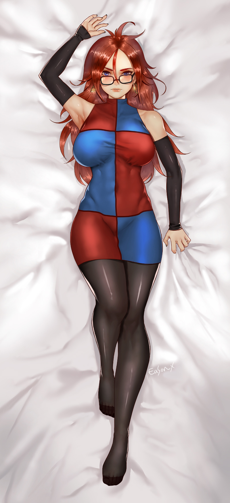 1girl android_21 armpits bare_shoulders bed_sheet black-framed_eyewear black_legwear blue_eyes blush breasts brown_hair checkered checkered_dress curly_hair dakimakura detached_sleeves dragon_ball dragon_ball_fighterz dress earrings from_above glasses highres hoop_earrings jewelry labcoat large_breasts lips long_hair looking_at_viewer nail_polish pantyhose pink_lips qoo_(770611) sheet_grab shiny shiny_clothes sleeveless sleeveless_dress solo