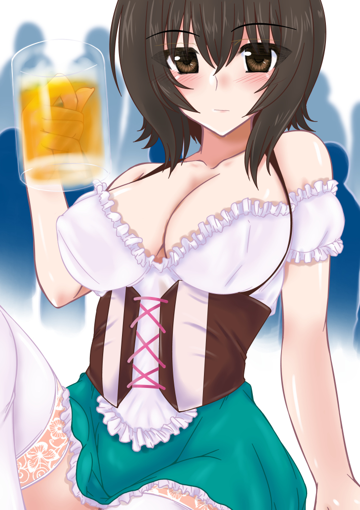 1girl :| alcohol bangs bare_shoulders beer beer_mug blouse blurry blurry_background blush breasts brown_eyes brown_hair cleavage closed_mouth commentary corset crowd dirndl erect_nipples eyebrows_visible_through_hair frilled_skirt frills german_clothes girls_und_panzer green_skirt holding large_breasts looking_at_viewer miniskirt nishizumi_maho off_shoulder oktoberfest short_hair short_sleeves sitting skirt solo soushin_souma thigh-highs upper_body white_blouse white_legwear