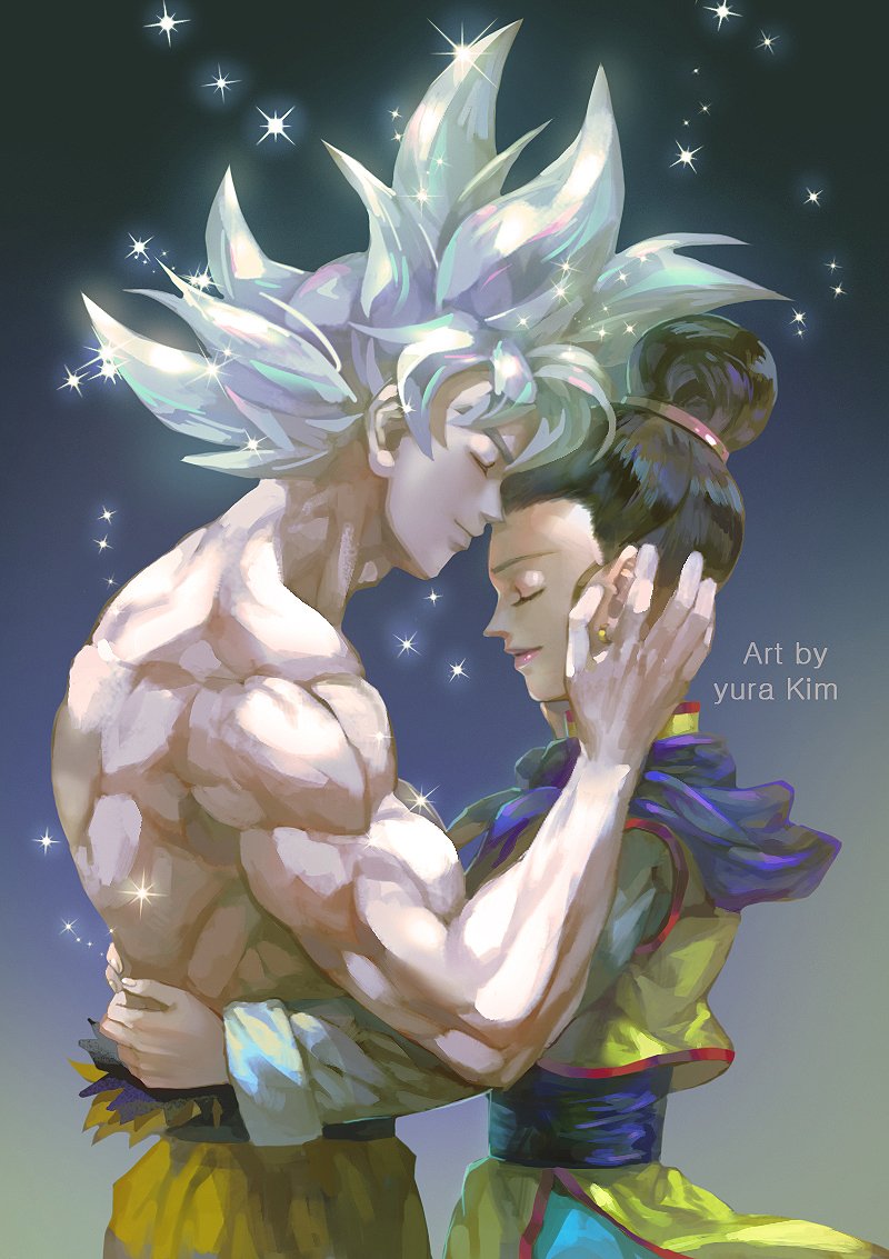 1boy 1girl artist_name black_hair chi-chi_(dragon_ball) chinese_clothes closed_eyes commentary_request couple dragon_ball dragon_ball_super dragonball_z earrings forehead-to-forehead grey_background hands_on_another's_back hands_on_another's_face happy hetero hug husband_and_wife jewelry kim_yura_(goddess_mechanic) shirtless short_hair simple_background smile son_gokuu sparkle spiky_hair tied_hair ultra_instinct white_hair