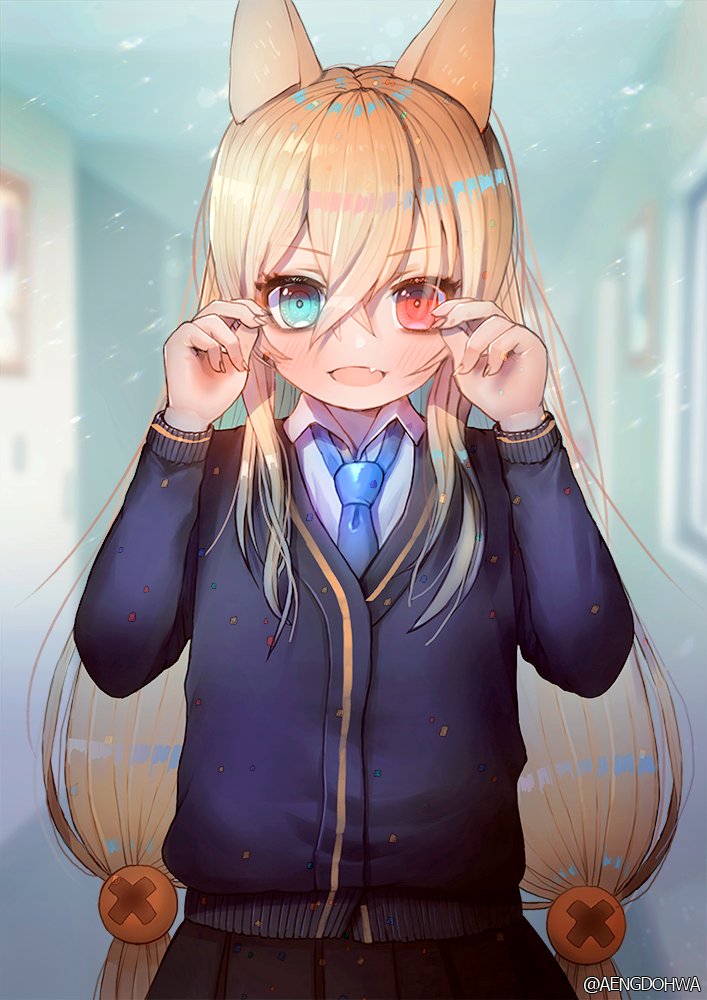 1girl alternate_costume animal_ears bangs black_skirt blonde_hair blue_cardigan blue_eyes blue_neckwear blurry blurry_background blush cardigan collared_shirt confetti crossed_bangs eyebrows_visible_through_hair eyes_visible_through_hair fox_ears g41_(girls_frontline) girls_frontline glasses hair_between_eyes hair_ornament hallway hanato_(seonoaiko) heterochromia long_hair looking_at_viewer low_twintails necktie open_mouth pleated_skirt red_eyes shirt sidelocks skirt smile solo sparkle twintails twitter_username very_long_hair white_shirt