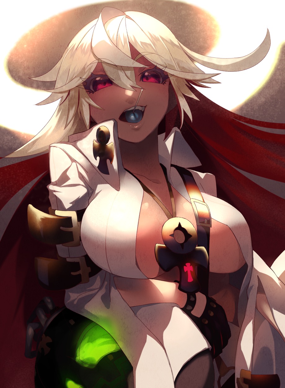 1girl ankh ball_and_chain_restraint black_gloves bodysuit breasts candy eyebrows_visible_through_hair food food_in_mouth gloves guilty_gear guilty_gear_xrd halo high_collar highres jack-o'_valentine jerun jewelry large_breasts lips lollipop looking_at_viewer multicolored_hair no_bra pendant plunging_neckline red_eyes redhead solo two-tone_hair white_bodysuit white_hair