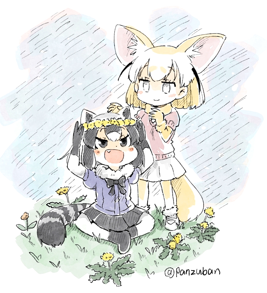 2girls :d animal_ears black_hair black_skirt blonde_hair blush_stickers commentary common_raccoon_(kemono_friends) dandelion extra_ears fang fennec_(kemono_friends) flower fox_ears fox_tail gloves grey_hair kemono_friends multicolored_hair multiple_girls open_mouth panzuban raccoon_ears raccoon_tail short_hair sitting skirt smile standing striped_tail tail twitter_username white_hair white_skirt wreath